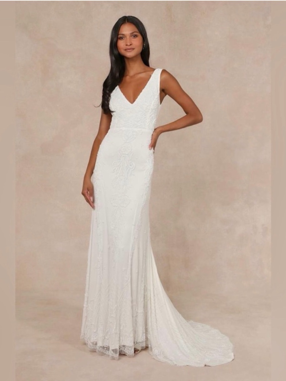 Lulus Passionate Romance NWT size XL White Beaded Sequin Mermaid Maxi Dress‎